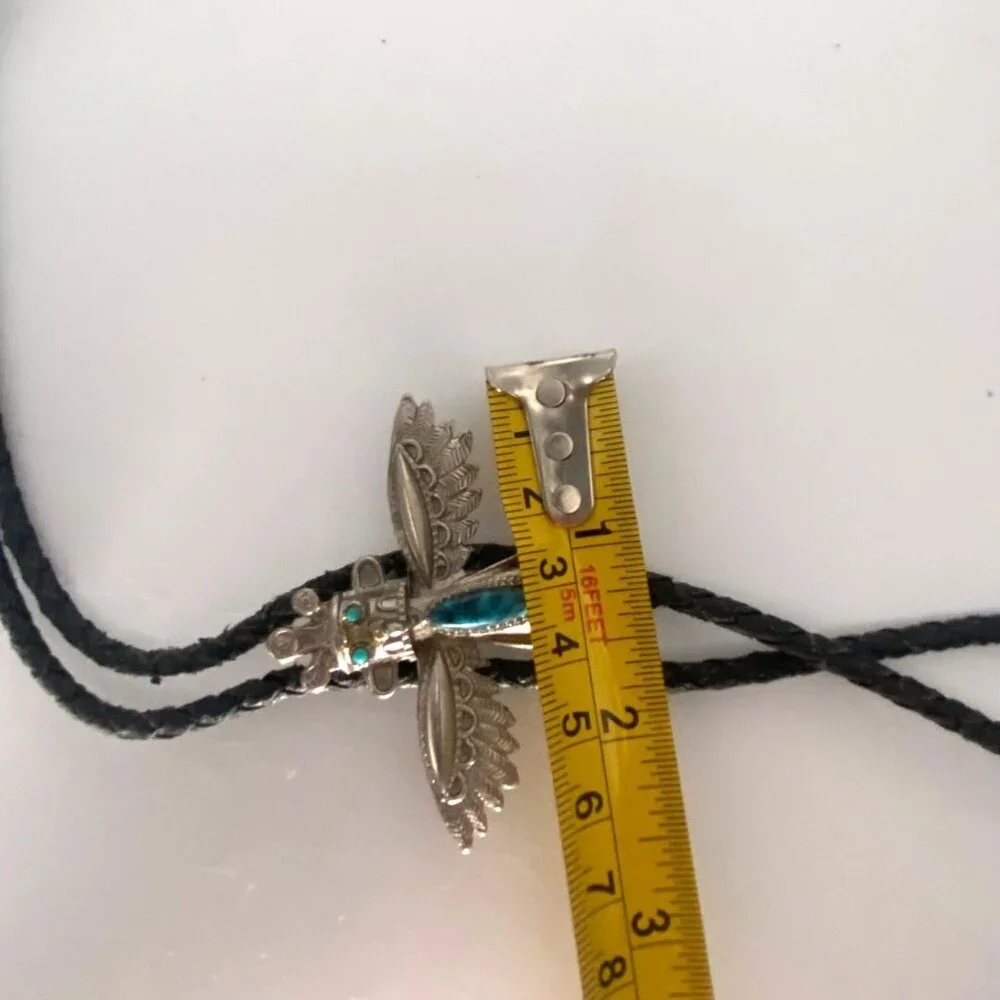 Vintage Thunderbird Turquoise  Silver Tone Kachina Bolo Tie Braided Leather Cord - Picture 5 of 6